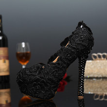 New Fashion Round Toe crystal Platform High-Heeled Lady Shoes sexy black lace flowers Wedding Shoes Evening Party Prom Shoes