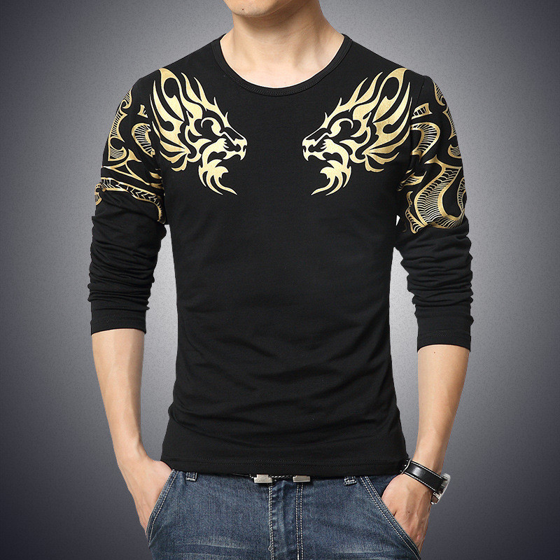 2015 Autumn new high-end men's t-shirt fashion Slim Dragon printing atmosphere tshirt Plus size 4XL 5XL long-sleeved t shirt men