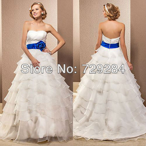 Wedding Dress Organza White Dress And Royal Blue Sash Handing Floral Tiered Skirt Strapless 5581