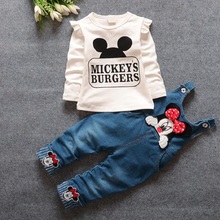 2016 Spring Baby Girls MICKEYS BURGERS Clothing Sets Cute Cartoon Animal Print Infant T Shirt & Bibs Jeans Band Clothes 1-3Y