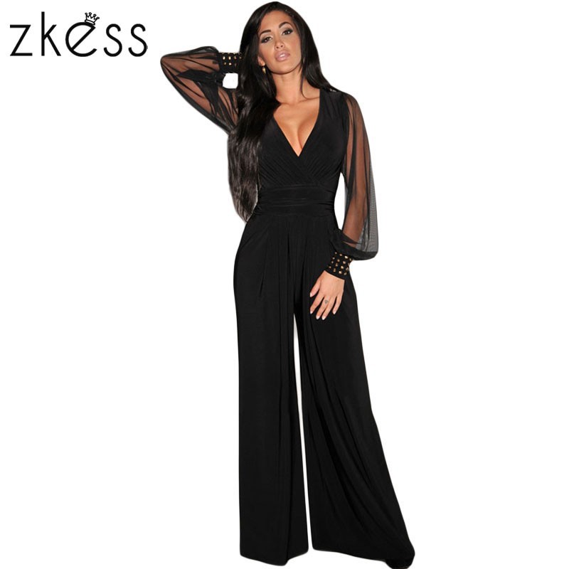 Black-Embellished-Cuffs-Long-Mesh-Sleeves-Jumpsuit-LC6650-1
