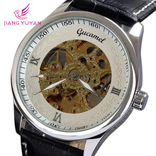 Dropship marca famosa Gucamel ganador genuino de moda de cuero mano caja de acero auto viento hombres reloj mecánico automático