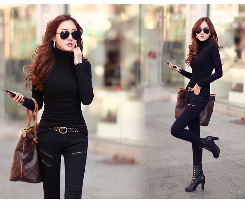 Spring Autumn Winter Fashion Turtleneck Tops Long Sleeve Cotton T Shirt Slim Casual t-shirt women 2016 Basic Tees Shirts A550 b