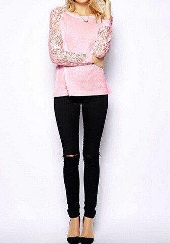 Autumn Pullover Sweatshirt Fashion O-neck Lace Patchwork Long Sleeve Pink hoodies for women Casual Sweatshirts (3)