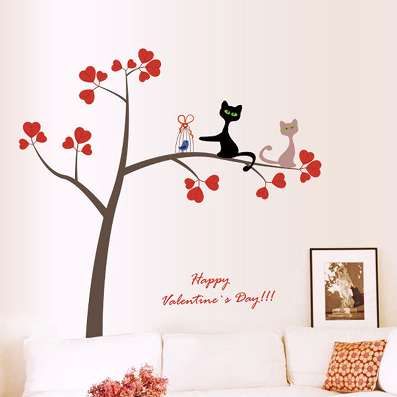 Love Heart Tree Cat DIY Vinyl Wall Sticker Decals Sofa Wall Art Mural Home Decor Window Kitchen