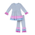 Factory Price Boutique Girls Clothing Sets Grey Striped Dresses Multi Ruffle Pants Kids Sets Children Baby