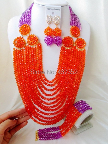 2015 New Arrived! purple orange costume nigerian wedding african beads jewelry sets crystal beads necklaces NC2193