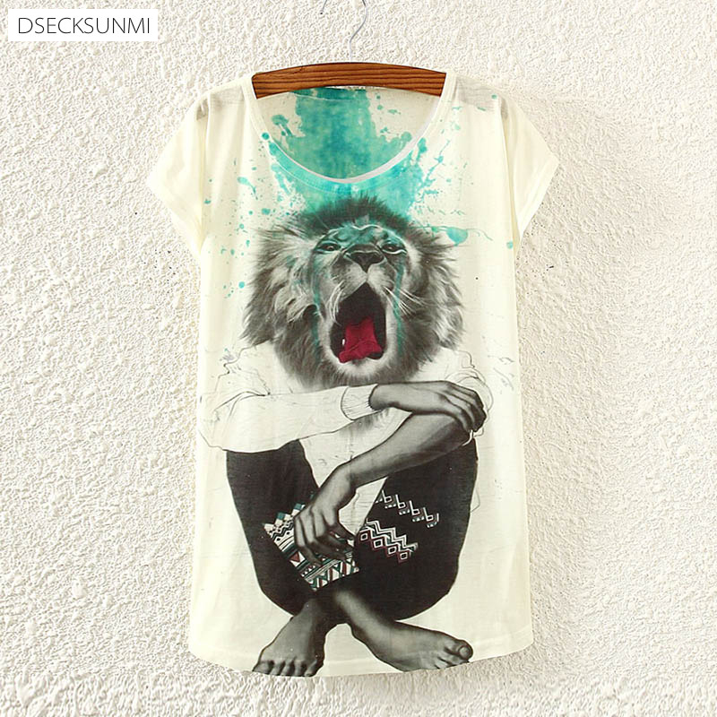 2016 Brand New Polyester T Shirt Women Short Sleeve t shirts o neck Causal loose lion