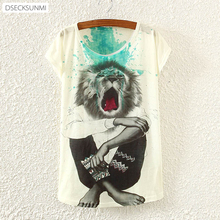 2016 Brand New Polyester T-Shirt Women Short Sleeve t-shirts o-neck Causal loose lion t shirt Summer tops for women