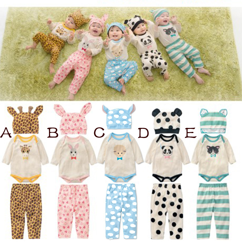 Baby rompers boys girls long sleeve cotton baby infant cartoon Animal newborn baby clothes romper+hat+pants 3pcs clothing set