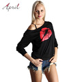 2016 Women Sweatshirts Sexy Red Big Lips Anchor Printed One Shoulder Loose Pullovers Sudaderas Mujer Causal