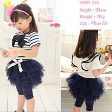 Hot Sale Kid Girl Stripe Bow Top T shirt Tutu Skirt Leggings Culottes 2pcs Outfit Sets