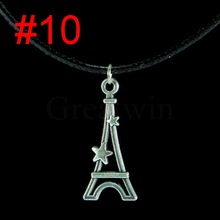 16 Designs Choice Tibetan Silver Plated Eiffel Tower Black Leather Cord Rope Pendant Choker Charm Necklace