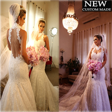 Latest Style High Neck Sheer Tulle Back Mermaid Beaded Lace Wedding Dress Bridal Gown Size 4