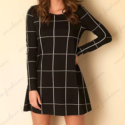 Long Sleeve Swing Skater Mini Dress Womens Black White font b Tartan b font Check Print