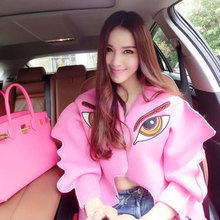 Fashion Summer Street Style Pink Jacket Women Eyes Embroidery