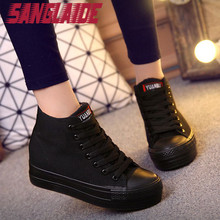 SANGLAIDE Shipping Free Autumn All Black High Cut Shoes Height Increasing Casual Women Shoes Student Plimsolls 3 cm Platforms