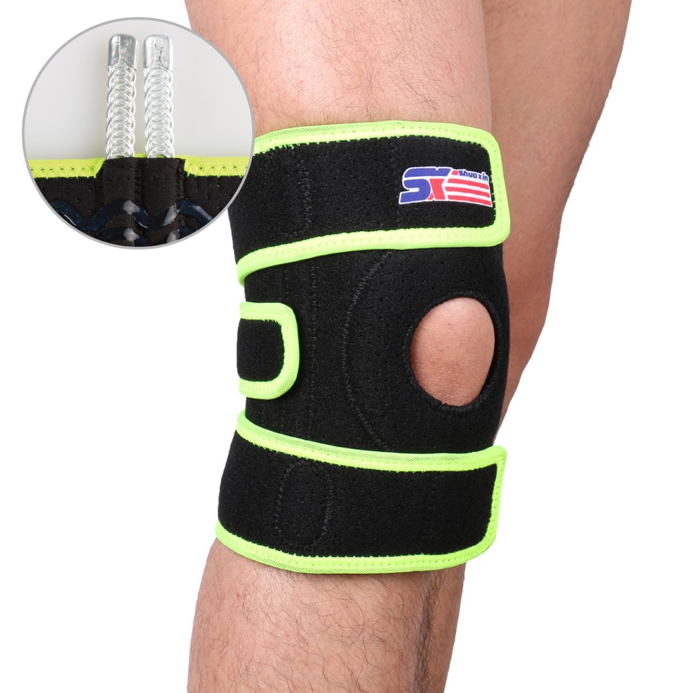 Free Shipping Adjustable Sports Leg Knee Support Brace Wrap Protector Knee Pads Sleeve Cap 4 Spring Bars,One Size - Green Black