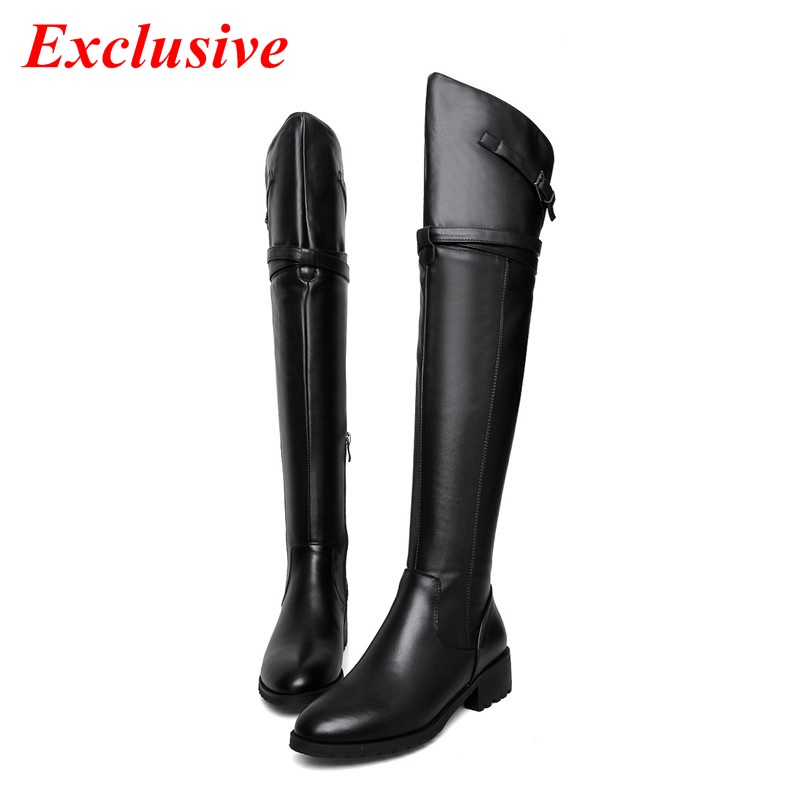 Woman Belt Buckle Knee Boots Winter Short Plush Genuine Leather Low-heeled Long Boots High Quality Belt Buckle Knee Boots