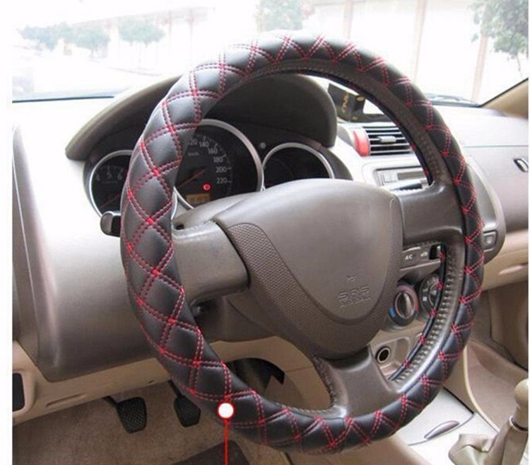 Microfiber Leather Steering Wheel Cover Stitched with Red Thread Line (2)