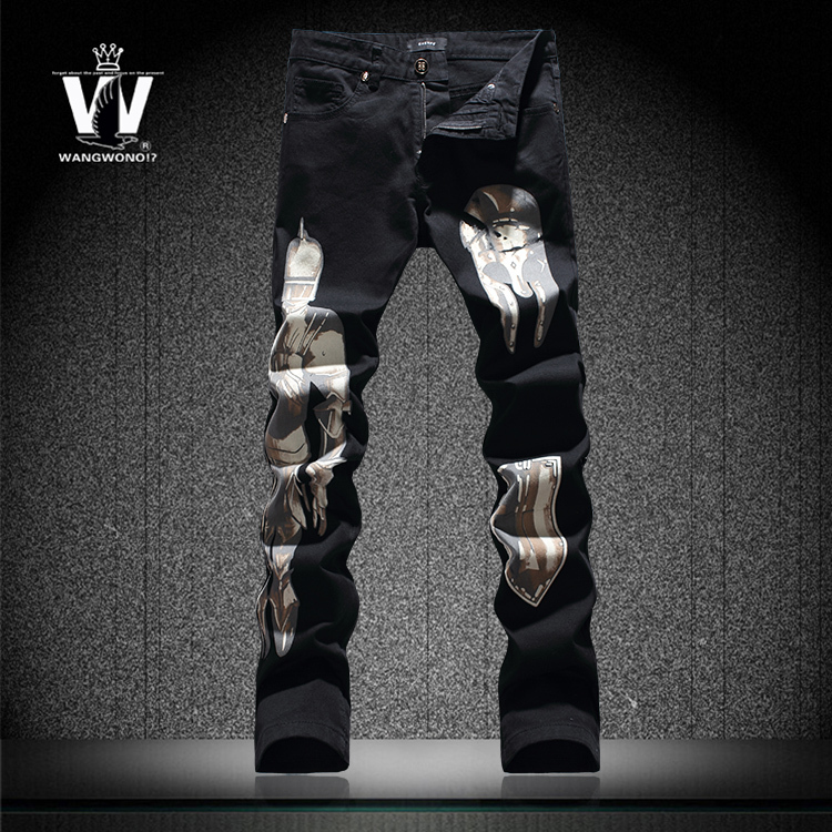 Фотография Korean black slim elastic colored drawing flower print male pants male jeans trousers mens top brand factory connection