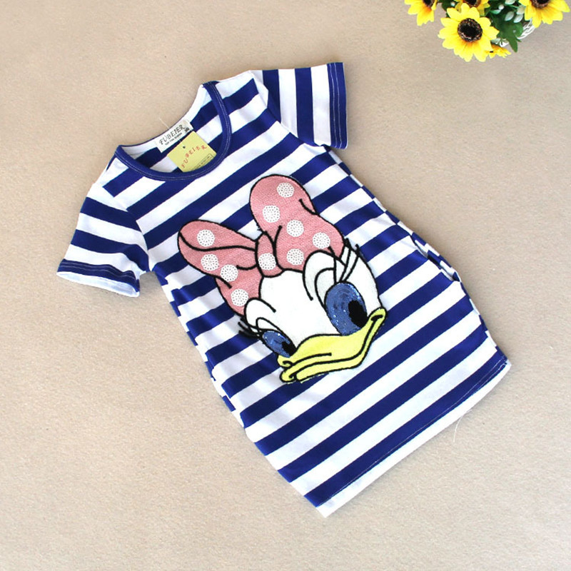 2016 latest summer girls striped font b dress b font children cartoon Donald Duck the two