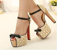 2015 spring and summer new lace bow peep toe women sandals color block platform high heels shoes pumps