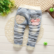 new 2016 brand fashion baby clothes kids girls lace flower jeans cotton baby pants Free shipping size:7M-24M
