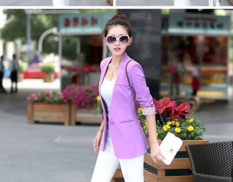 2015 New Women\'s Blue Blazer Summer Office Wear Purple Suit Sexy V-neck Color Patterns Stitching Sleeve Casual Blazer 6 Color 16