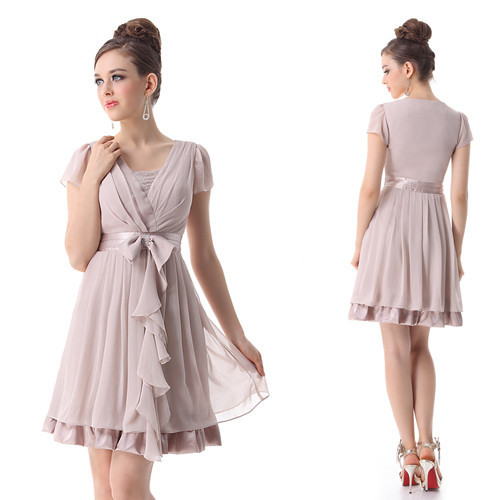 Girls Bridesmaid Dresses V neck Short Sleeves Sash Short Chiffon Bridesmaid Party Dress for Summer 2015