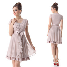 Girls Bridesmaid Dresses V neck Short Sleeves Sash Short Chiffon Bridesmaid Party Dress for Summer 2015