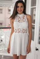 New summer style 2015 fashion sexy white lace dress chiffon patchwork stand sleeveless slim dresses vestidos party dresses robe