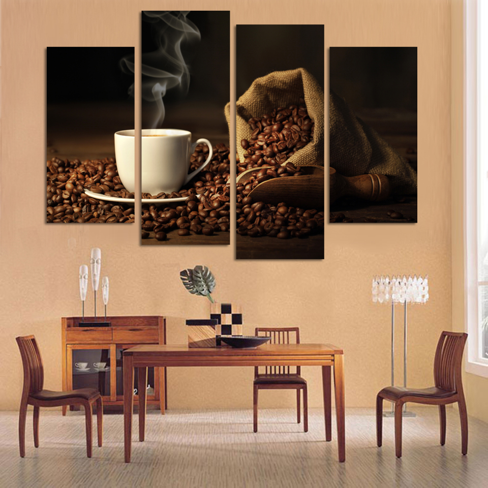 4 Panels Modern Printed Coffee Canvas Art Painting Picture Cuadros Kitchen Home Decor Wall Art For Living Room (Unframed)