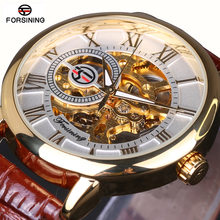 2016 FORSINING Fashion Design Black Gold Watch hand wind mechanical watch for men black leather band