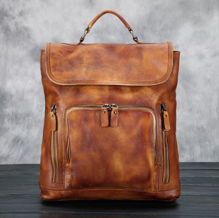 Vintage Retro Fashion Casual Crazy Horse Cow Real Genuine Leather Cowhide Men  Backpacks Outdoor Travel Shoulder Bags For Men