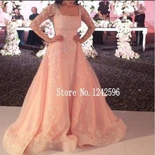 Abendkleider 2016 Square Neck Dubai Ladies Formal Gowns Saudi Arabia Middle East Long Peach Eveing Dresses With Sheer Sleeves