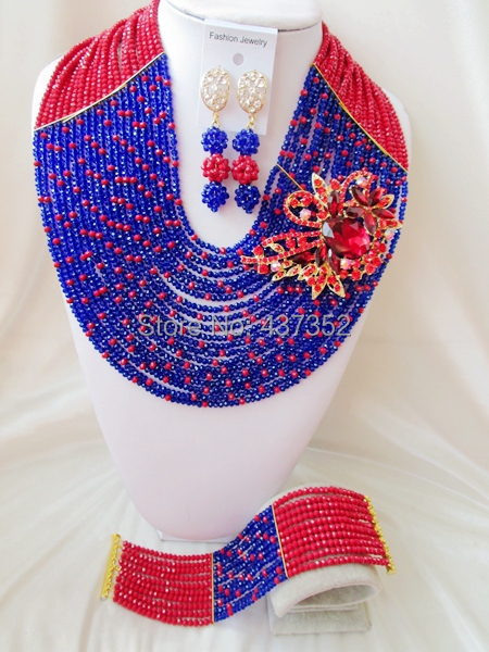 Necklaces For Women Opaque Red Royal Blue Crystal costume jewellry nigerian wedding african beads jewelry set ABC596