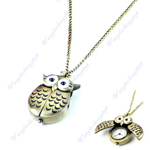 1pc Bronze Cute Open Close Wing Owl Pendant Necklace Chain Quartz Pocket Watch Gift