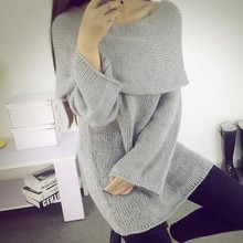 Free Shipping 2016 New Loose Gray Chic Tops Women’s Sweater Sexy Elegant Slash Neck Pullovers Thin Sweaters for Woman