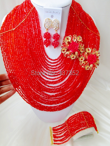 Charming 25 layers Red Crystal Nigerian Wedding African Beads Bridal Jewelry Set Free shipping CPS4164