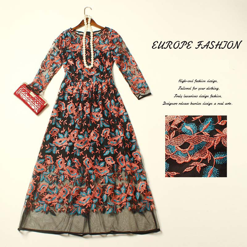 Vintage Dress 2016 Spring Autumn New Fashion Retro Flower Embroidery Runway Mid-Calf Mesh Hollow out Elegant Dress Women