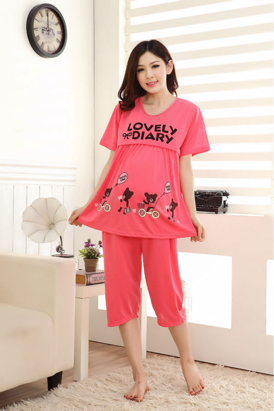 Cute bears Red Summer Pregnant woman pajamas nightwear clothing for pregnancy Puerpera breastfeeding clothes set maternal top 1