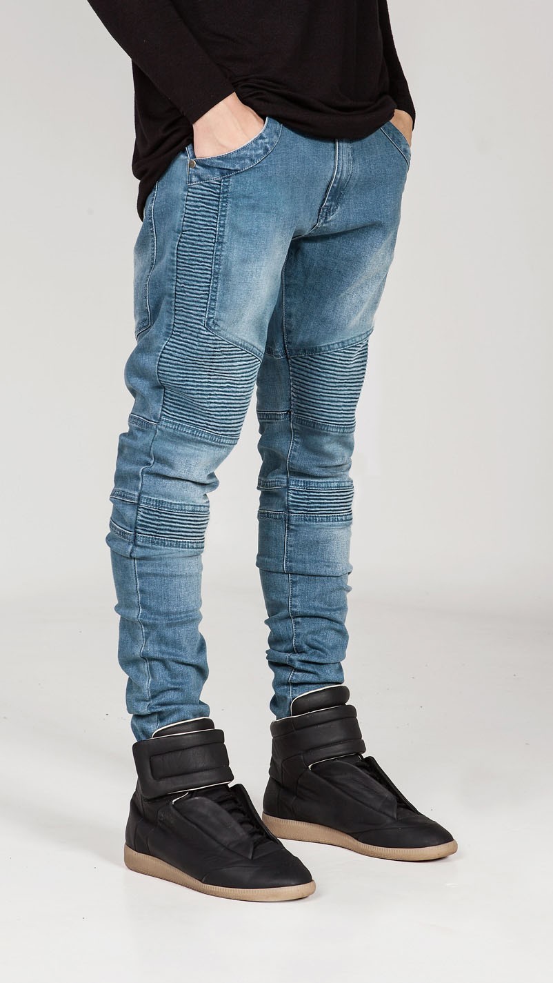 Mens Skinny jeans men 2015 Runway Distressed slim elastic jeans denim Biker jeans hiphop pants Washed black jeans for men blue