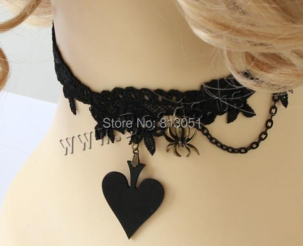 Free shipping!!!Gothic Necklace,2014 Fashion, Lace, with Leather & Zinc Alloy, with 1.5Inch extender chain, Heart, plated