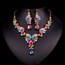 Fashion Sapphire Rhinestone Bridal Jewelry Set Wedding Prom Party Accessories Gold Plated Necklace Earring Set For Brides Women