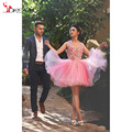 Scoop Appliques Colorful Arabic Prom Dresses 2016 Party Evening Knee Length Backless Ruffles Tulle Pink Prom