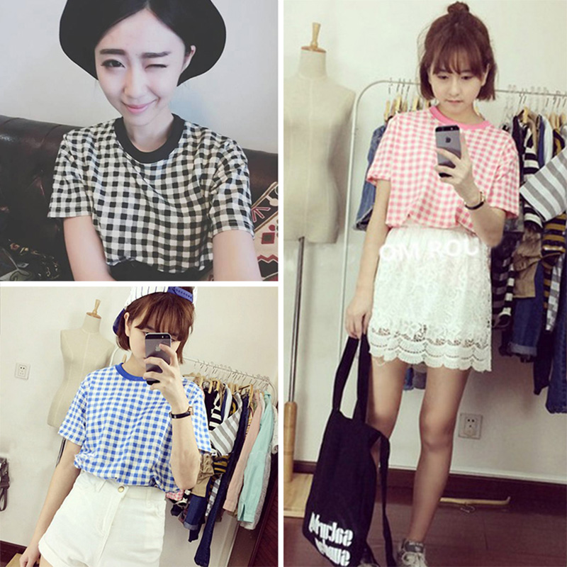 Camiseta mujer 2016 Summer New Korean Sweet font b Plaid b font Women O Neck TShirt