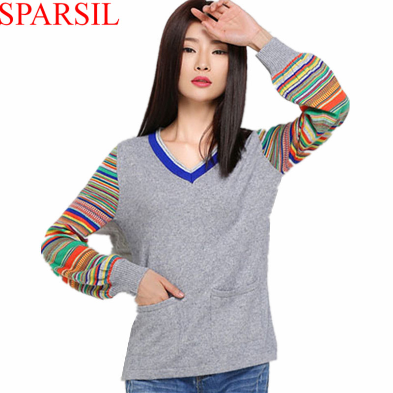 Winter Women Lantern Sleeve Cashmere Sweater With Pockets Autumn V-Neck Fashion Knitted Pullover 2015 Striped Knitwear Jumper