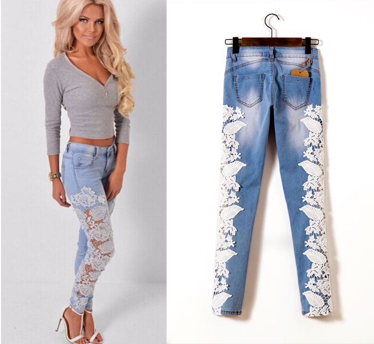 Ladies Women/'s Skinny Slim Fit Blue Side Lace Panel Mid Rise Denim Jeans Trouser