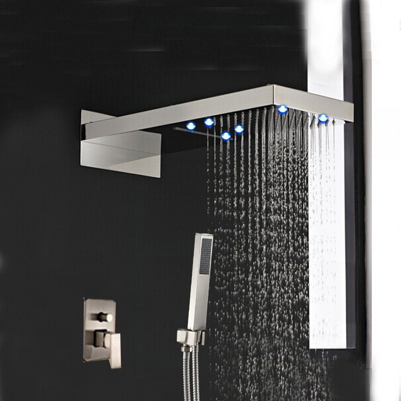 LED Brushed Nickel Waterfall Rain Shower Faucet Single Handle Mixer+Hand Sprayer